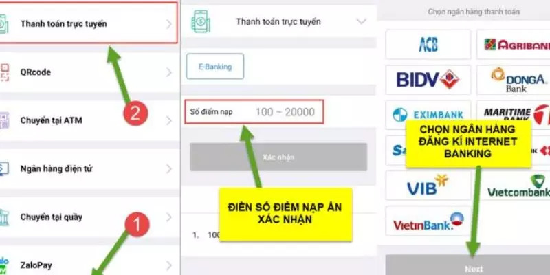 Các bước nạp tiền với internet banking online